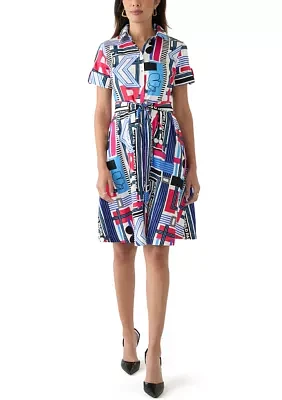 Women's Geo Printed Tie Waist Shirtdress