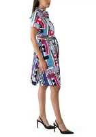 Women's Geo Printed Tie Waist Shirtdress