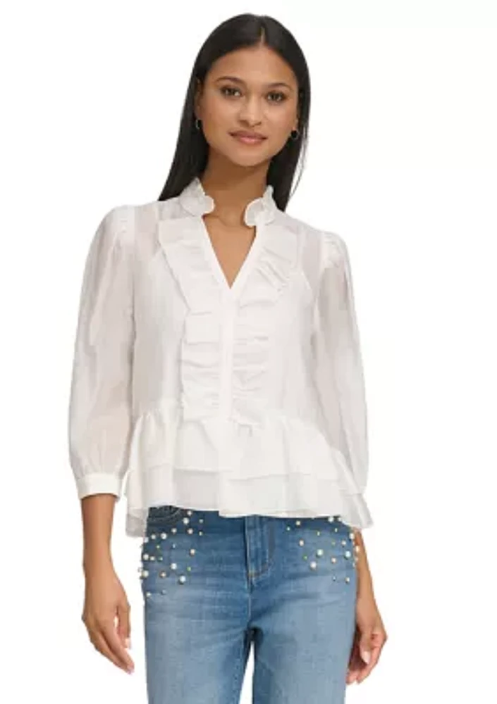 Women's 3/4 Sleeve Ruffle Peplum Blouse