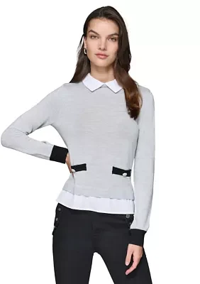 Women's Long Sleeve Pocket Front 2Fer Sweater