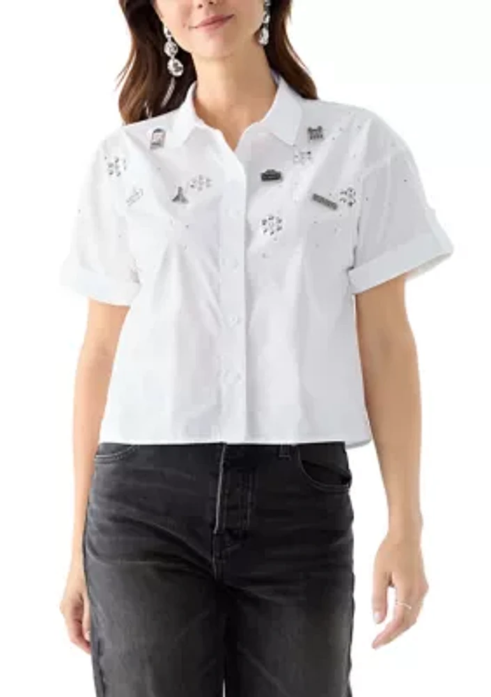 Women's Short Sleeve Bejeweled Camp Shirt