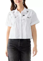 Women's Short Sleeve Bejeweled Camp Shirt