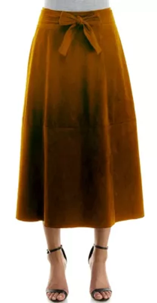 Faux suede long tie belt midi skirt