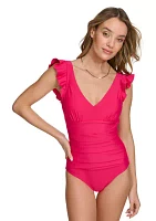 Plunging V-Neck Ruffle Shoulder One Piece Swimsuit