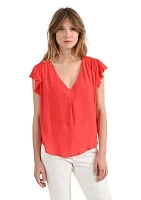 Women's Solid Woven Flutter Sleeve Top