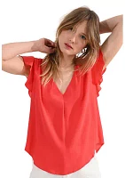 Women's Solid Woven Flutter Sleeve Top