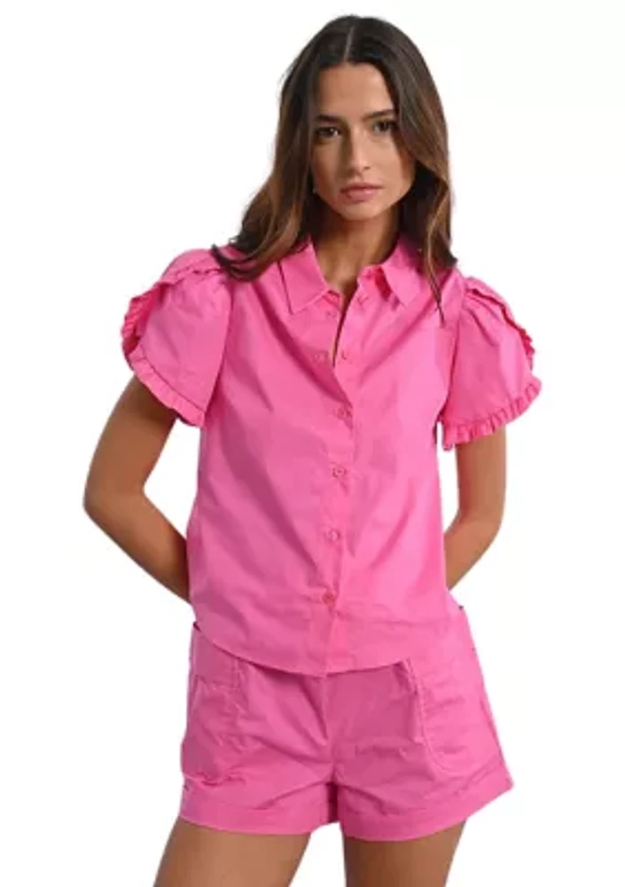 Women's Short Sleeve Ruffle Woven Shirt