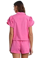 Women's Short Sleeve Ruffle Woven Shirt
