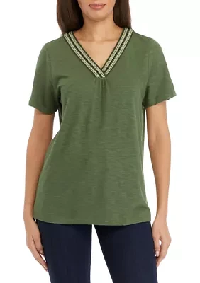 Petite Short Sleeve Embroidered V-Neck T-Shirt