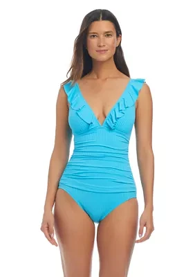 Large Rib Ruffle Neck One Piece Swimsuit