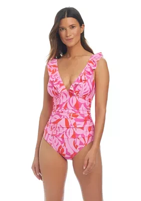 Resort Camo Ruffle Neck One Piece Swimsuit