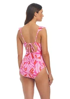 Resort Camo Ruffle Neck One Piece Swimsuit