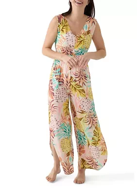 Women's Sleeveless Smocked Tropical Print Swim Cover Up Jumpsuit