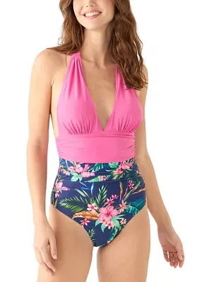 Print Mix Halter Shirred Swim Top