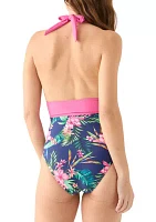 Print Mix Halter Shirred Swim Top