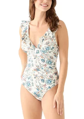 White Print Vintage Paisley Ruffle Surplice Swimsuit