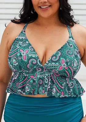 Plus Paisley Plunge Cross Back Cropped Swim Top