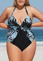 Plus Plunge Palm Printed One Piece Swimsuit