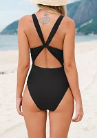 Solid Braided Strap Shirred One Piece Swimsuit