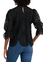 Women's 3/4 Puff Sleeve Mock Neck Eyelet Top