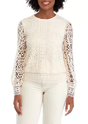 Women's Long Sleeve Crew Neck Lace Blouse