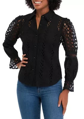 Women's Long Sleeve Button Front Eyelet Top