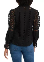 Women's Long Sleeve Button Front Eyelet Top