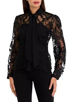 Women's Long Sleeve Bow Tie Lace Blouse