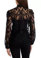 Women's Long Sleeve Bow Tie Lace Blouse