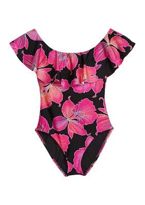 Fleury Floral Printed Ruffle Off the Shoulder One Piece Swimsuit