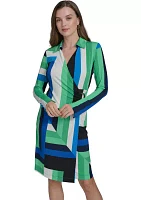 Women's Long Sleeve Hardware Geometric Print Midi Dress