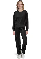 Women's Long Sleeve Pullover Rib Velour Crew Neck Sweatshirt