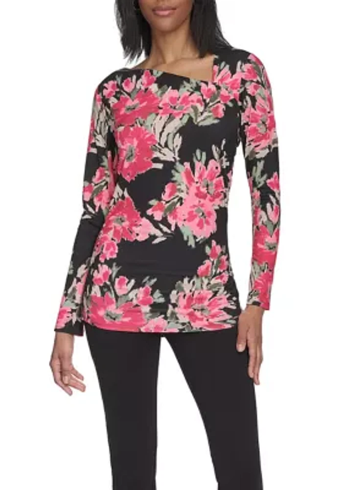 Long Sleeve Floral Asymmetric Neck Knit Top