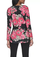 Long Sleeve Floral Asymmetric Neck Knit Top