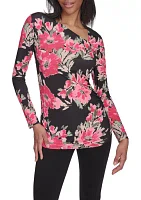 Long Sleeve Floral Asymmetric Neck Knit Top