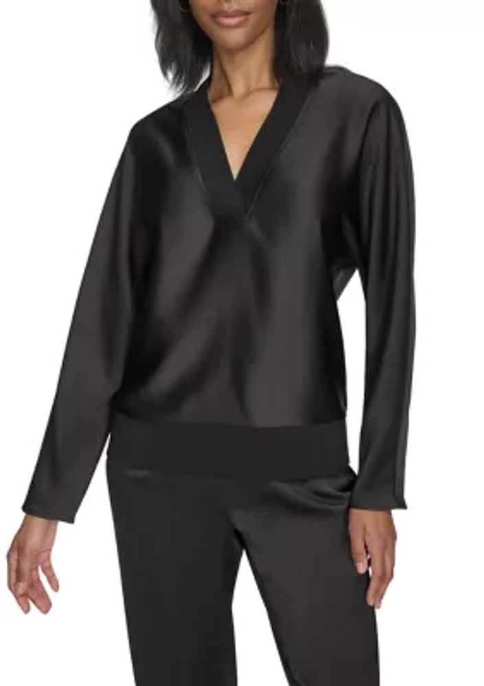 Long Sleeve V-Neck Ribbed Trim Satin Top