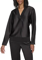 Long Sleeve V-Neck Ribbed Trim Satin Top