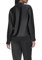 Long Sleeve V-Neck Ribbed Trim Satin Top