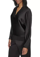 Long Sleeve V-Neck Ribbed Trim Satin Top