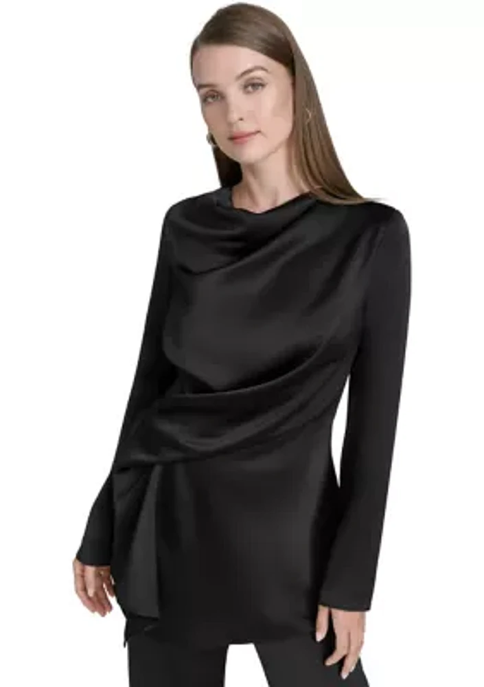 Women's Long Sleeve Asymmetrical Neck Satin Top