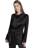 Women's Long Sleeve Asymmetrical Neck Satin Top