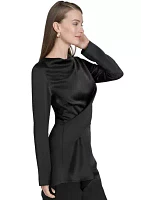 Women's Long Sleeve Asymmetrical Neck Satin Top