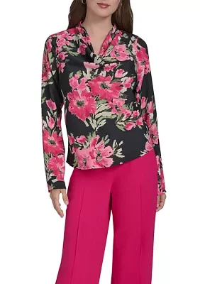 Women's Long Sleeve Cowl Neck Floral Blouse