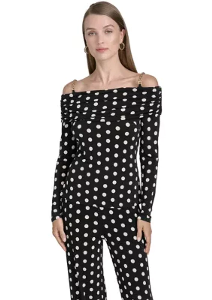 Women's Off the Shoulder Long Sleeve Dot Print Knit Top