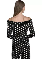 Women's Off the Shoulder Long Sleeve Dot Print Knit Top