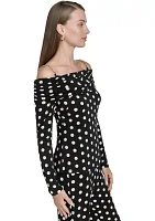 Women's Off the Shoulder Long Sleeve Dot Print Knit Top