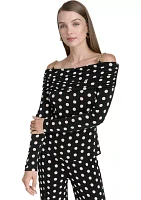 Women's Off the Shoulder Long Sleeve Dot Print Knit Top