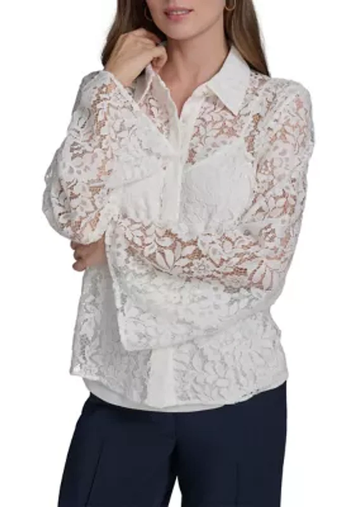 Women's Long Sleeve Flare Button Front Lace Blouse