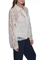 Women's Long Sleeve Flare Button Front Lace Blouse