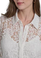 Women's Long Sleeve Flare Button Front Lace Blouse